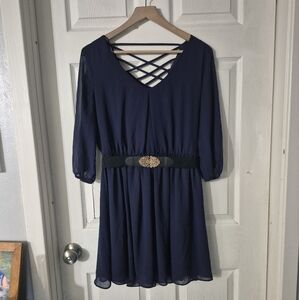 Women's BCX Elegant Navy Blue Dress with Crisscross Back Sz L